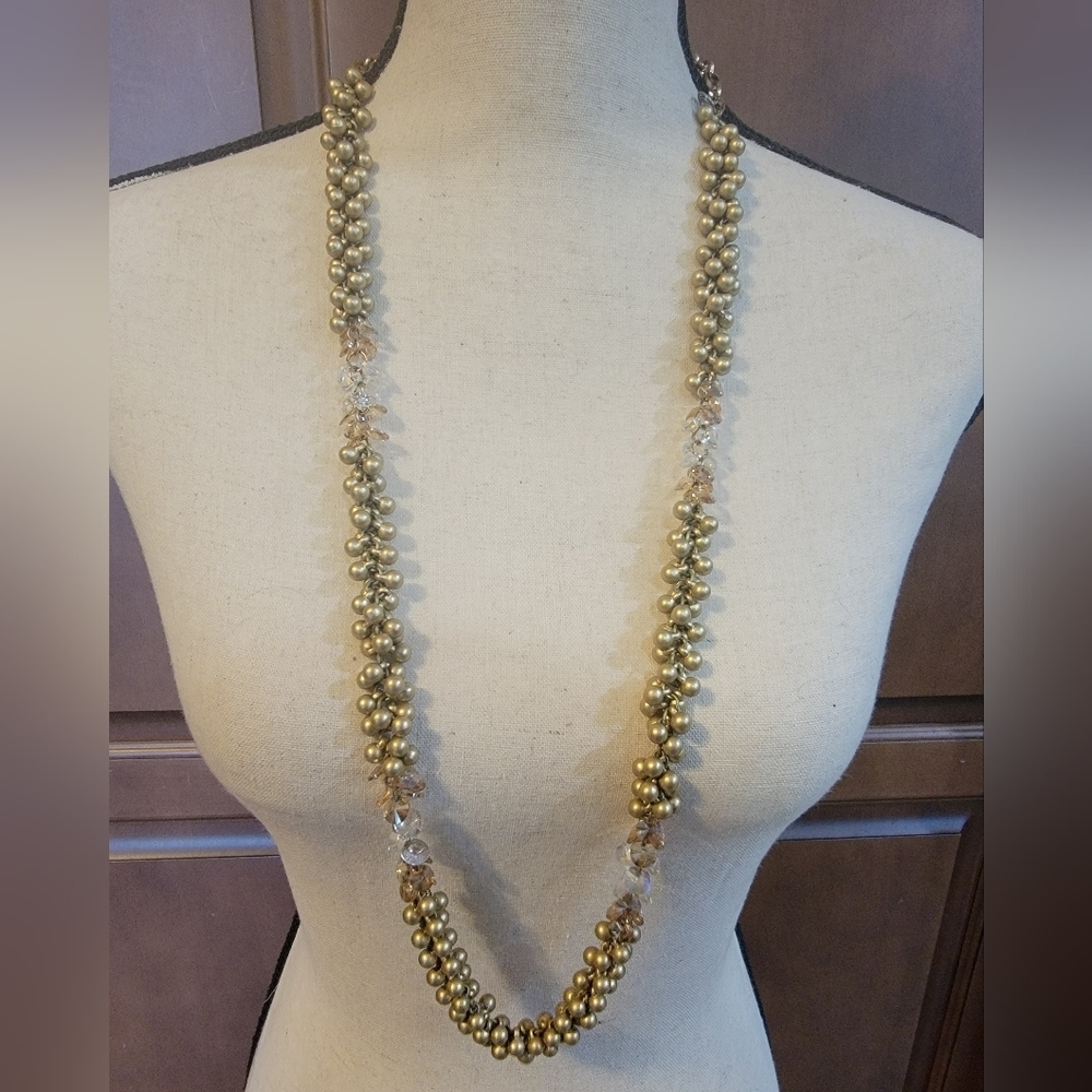 Signed S 36” Long Beaded Infinity Necklace Gold Tone Pink Clear Glass Statement